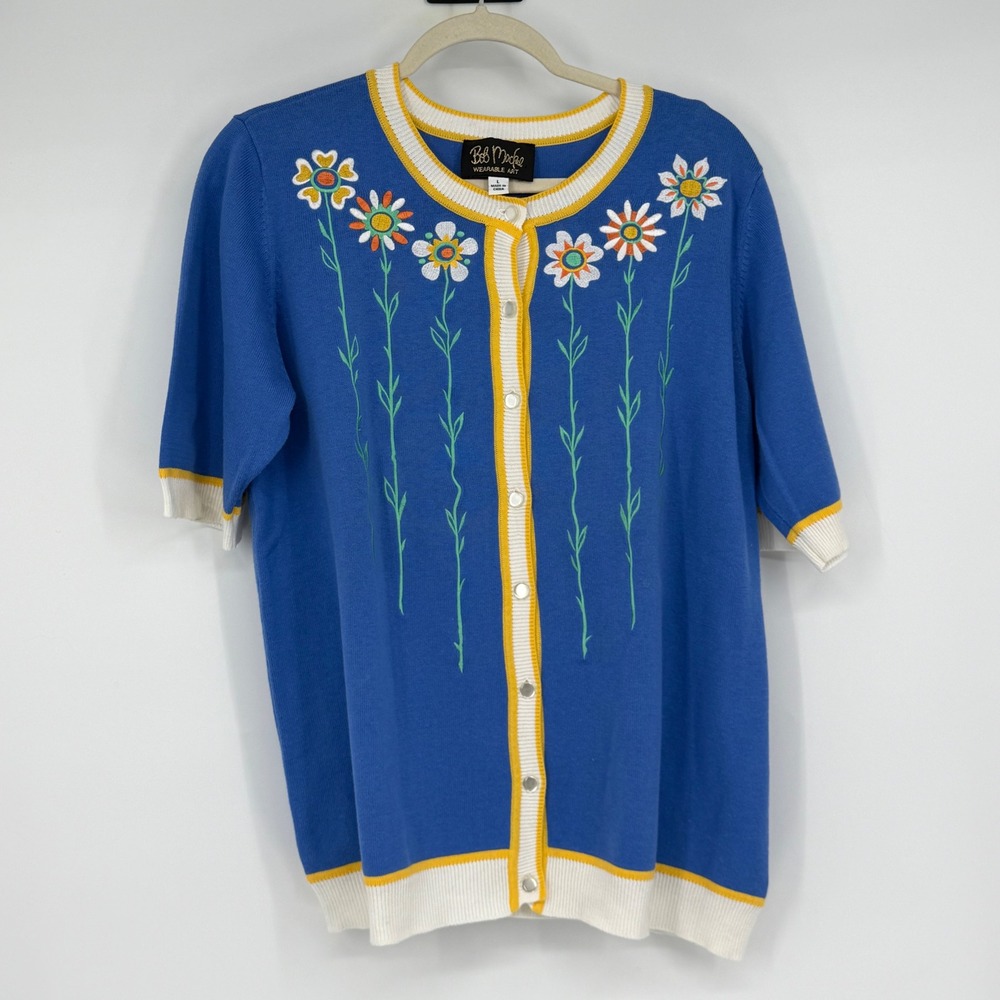 Bob Mackie Wearable Art Blue Floral Embroidered Short Sleeve Cardigan L
